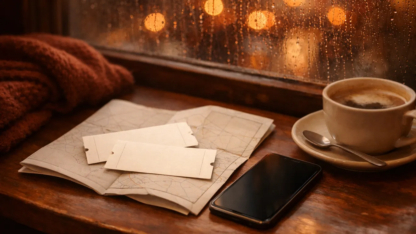 Tickets, a city map and a phone on a cafe table on a rainy day, Gemini anti-blues remedy