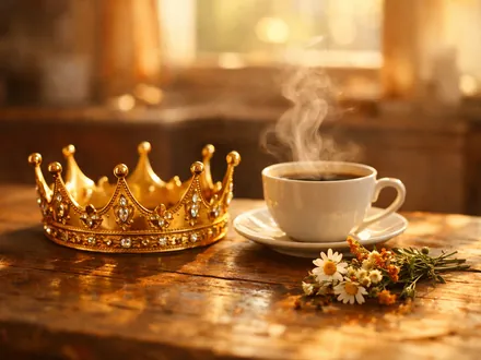 Goldene Krone auf einem Holztisch neben einer Tasse Kaffee in der Morgensonne - Charakter des Löwen