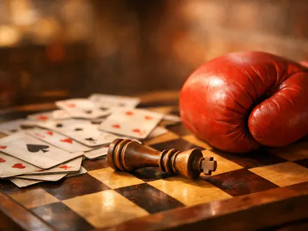 Rei de xadrez de madeira tombado junto a cartas de jogar e a uma luva de boxe vermelha - a verdade que o Carneiro não quer ouvir