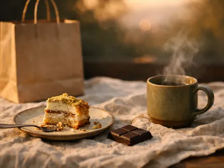 Fatia de bolo, quadrado de chocolate e chávena fumegante sobre uma toalha de linho - a verdade que o Touro não quer ouvir