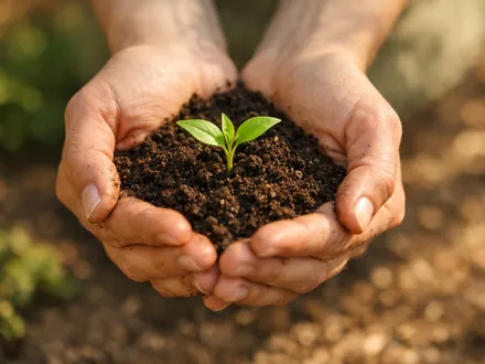 Mãos abertas a segurar um punhado de terra com um rebento verde ao sol - personalidade do Touro