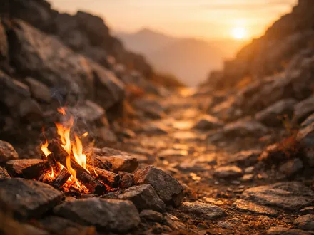 Fogueira ao amanhecer numa crista de montanha com um trilho a abrir-se à frente - personalidade do Carneiro