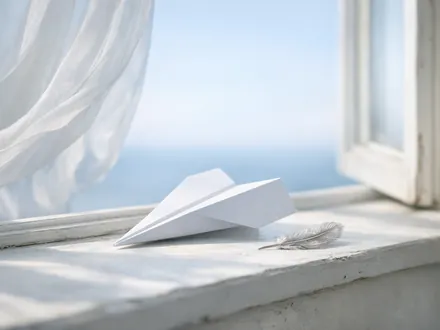 Avião de papel branco no parapeito de uma janela aberta para um céu azul-claro - Gémeos, mensageiro do zodíaco