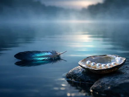 Plume irisée posée sur une eau sombre et calme à l'aube dans la brume - la force du Scorpion