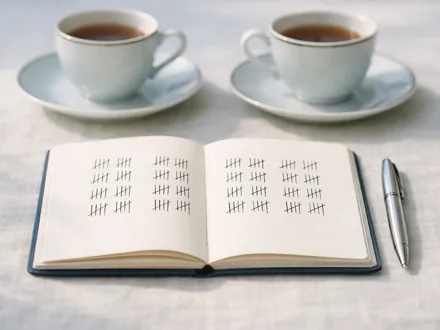 Carnet à deux colonnes, stylo argenté et tasses de thé sur une table claire - vérité que la Balance ne veut pas entendre