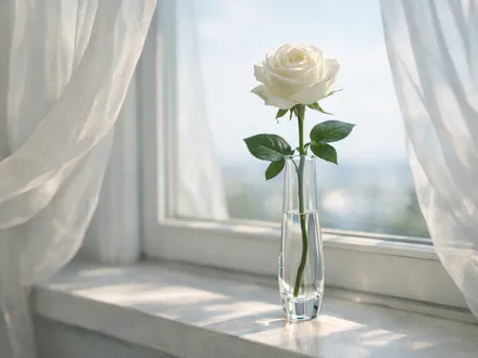Rose blanche seule dans un vase de cristal près d'une fenêtre lumineuse - caractère de la Balance