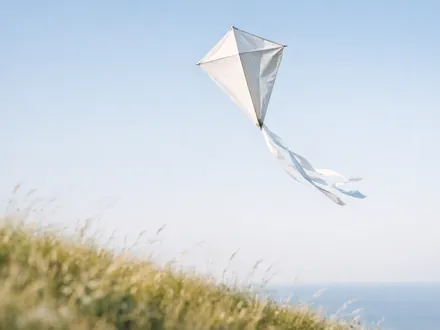 Cerf-volant blanc et argent dans un ciel bleu pâle tenu par un fil au-dessus d'une colline - caractère du Verseau