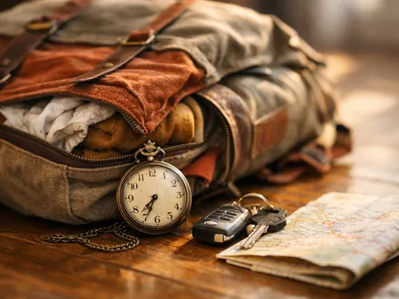 Sac à dos entrouvert, montre ancienne et carte routière posés à la hâte - la vérité que le Sagittaire ne veut pas entendre