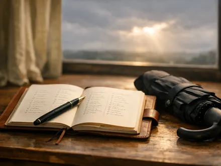 Carnet ouvert, stylo et parapluie noir posés près d'une fenêtre sous un ciel gris - vérité que le Capricorne ne veut pas entendre