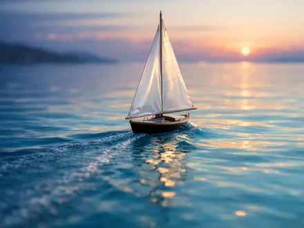 Barca a vela dalla vela perlata che avanza su un mare turchese all'alba - la vera forza del Pesci