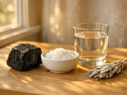 Turmalina negra e taça de sal numa mesa de madeira, para se proteger das pessoas que sugam a sua energia