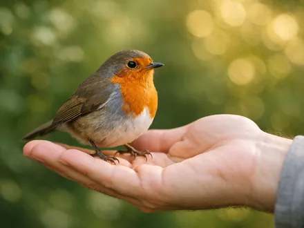 Kleiner Vogel sitzt auf einer offenen Hand im Sonnenlicht, Bedeutung, wenn sich ein Vogel auf mich setzt