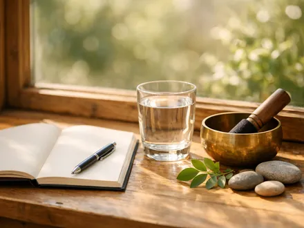 Gratitude journal, glass of water and singing bowl by a window, daily habits to raise your vibration