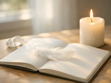 White feather resting on an open journal beside a candle, to record messages from your spirit guides
