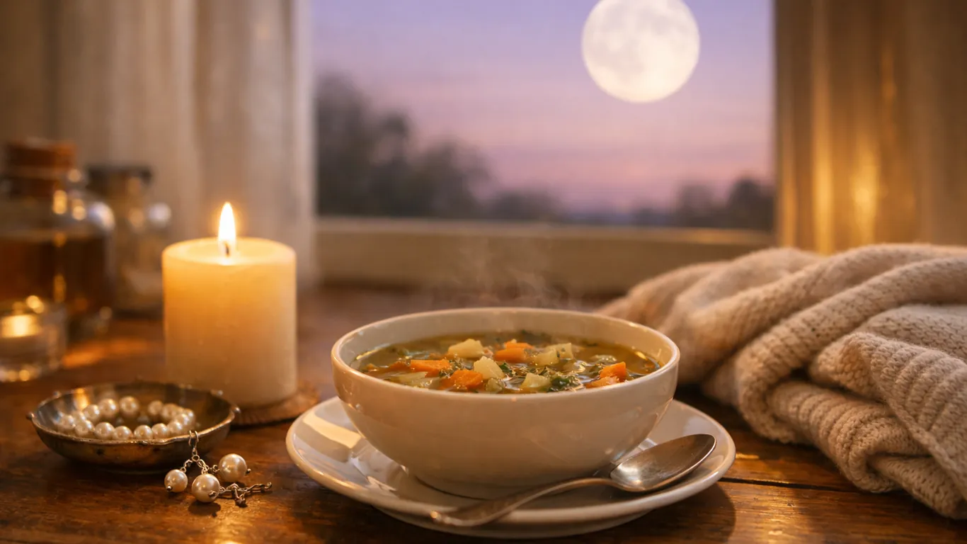 Cancer — candle, bowl of soup and rising moon on a Sunday evening