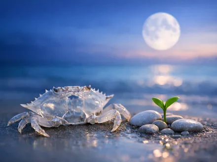 Vecchio guscio di granchio lasciato sulla sabbia all'alba accanto a un germoglio verde - evoluzione del Cancro