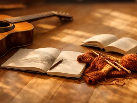Guitare, carnet de croquis et tricot laissés à moitié finis sur un parquet ensoleillé - ce que le Sagittaire doit désapprendre