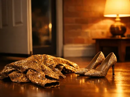 Veste à sequins dorés et escarpins laissés près d'une porte sous une lampe, le soir - ce que le Lion doit désapprendre