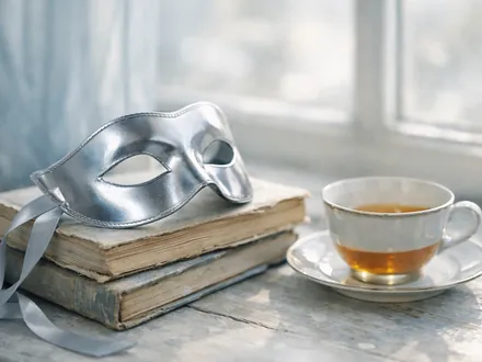 Masque de carnaval argenté posé sur une pile de livres près d'une fenêtre claire - ce que le Verseau doit désapprendre