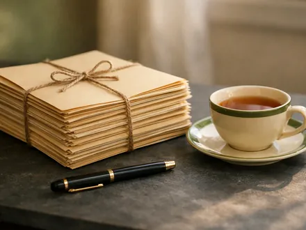 Pile de dossiers ficelés et stylo plume près d'une tasse de thé froide sur un bureau en ardoise - ce que le Capricorne doit désapprendre