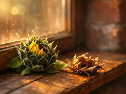Bourgeon de tournesol qui s'ouvre au soleil du matin près de son ancienne enveloppe - le Lion qui évolue