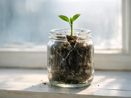 Jeune pousse verte sortant d'un pot en verre fêlé dans une lumière bleutée - le Verseau qui évolue