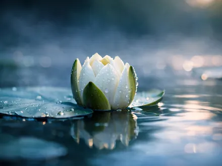 Nénuphar qui s'ouvre sur une eau calme à l'aube - le Poissons qui évolue