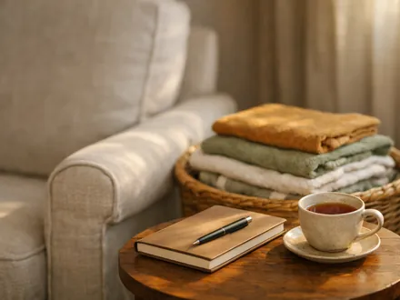 Fauteuil en lin vide près d'un panier de linge plié et d'une tasse de thé qui refroidit - ce que la Vierge doit désapprendre