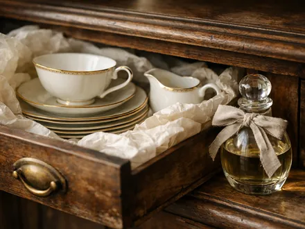 Service en porcelaine rangé dans du papier de soie au fond d'un buffet en bois - ce que le Taureau doit désapprendre