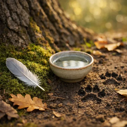 Feder, Schale mit klarem Wasser und Pfotenabdrücke in der Erde am Fuß eines Baumes, Kraft der Tiere auf die Seele