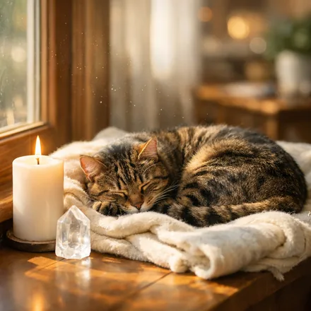 Getigerte Katze schlafend auf einer Decke an einem sonnigen Fenster, mit einer Kerze und einem Quarz, die energetische Kraft der Katzen