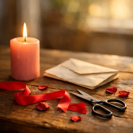 Lit pink candle, folded letter, cut red ribbon and dried rose petals on a wooden table, old love energy to heal