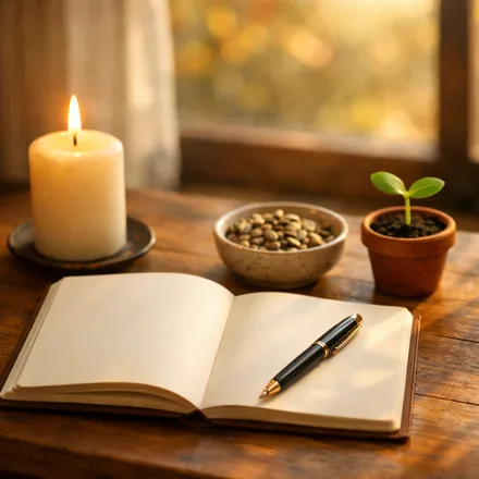 Carnet ouvert, bougie blanche allumée et graines dans une coupelle sur une table en bois, lumière douce d'automne
