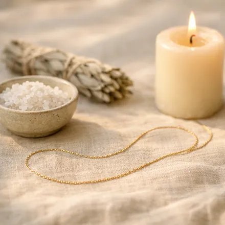 Collana districata accanto a una ciotola di sale grosso, salvia e una candela