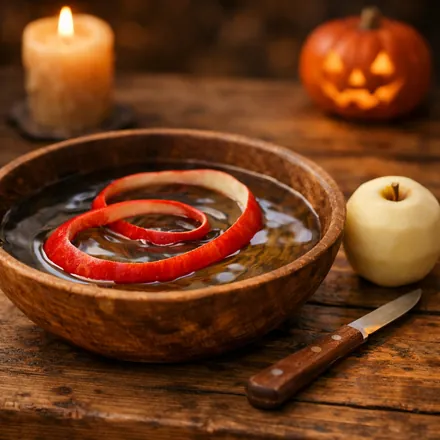Buccia di mela in una bacinella d'acqua, la notte di Halloween