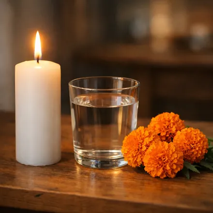 Una candela accesa, un bicchiere d'acqua e fiori di cempasúchil