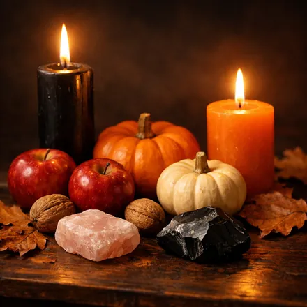 Altare di Samhain: candele nera e arancione, zucche, mele, noci, quarzo rosa e ossidiana