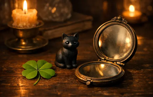 A four-leaf clover, a black cat figurine and a pocket mirror by candlelight