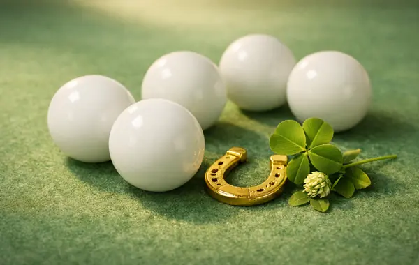 White lottery balls, a golden horseshoe and a clover on a green mat