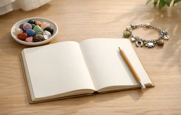An open notebook, a pencil, a small dish of stones and a lucky bracelet