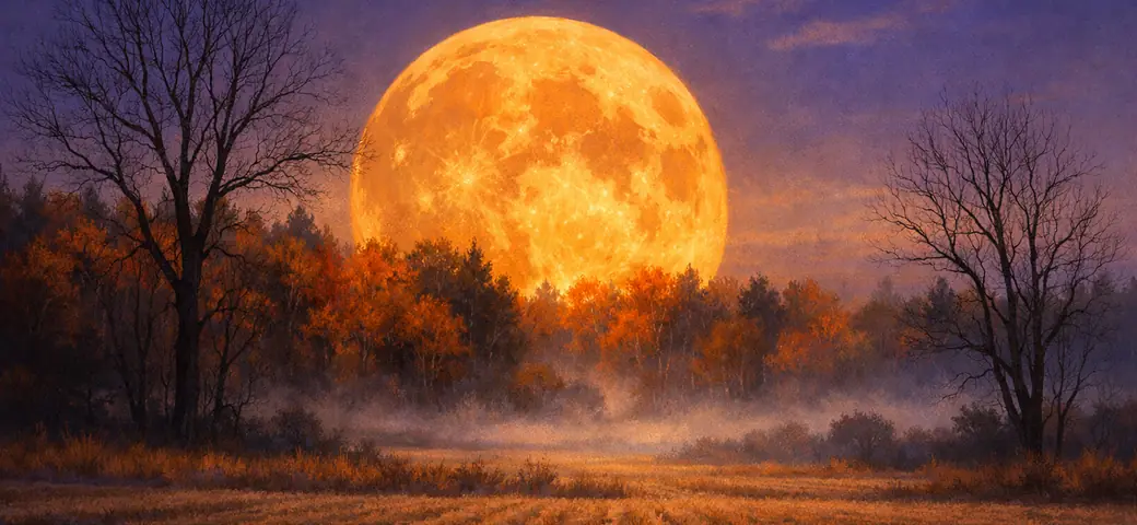 Grande Lua Cheia alaranjada a nascer sobre uma floresta de outono e campos envoltos em neblina