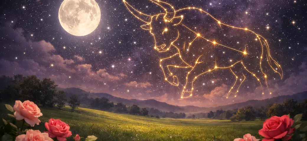 Lua Cheia num céu estrelado sobre um prado, com a constelação de Touro desenhada em traços dourados