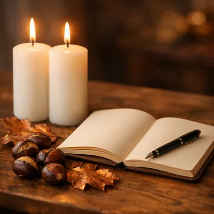 Due candele bianche accese una accanto all'altra, quaderno aperto, penna, castagne e foglie d'autunno su un tavolo di legno