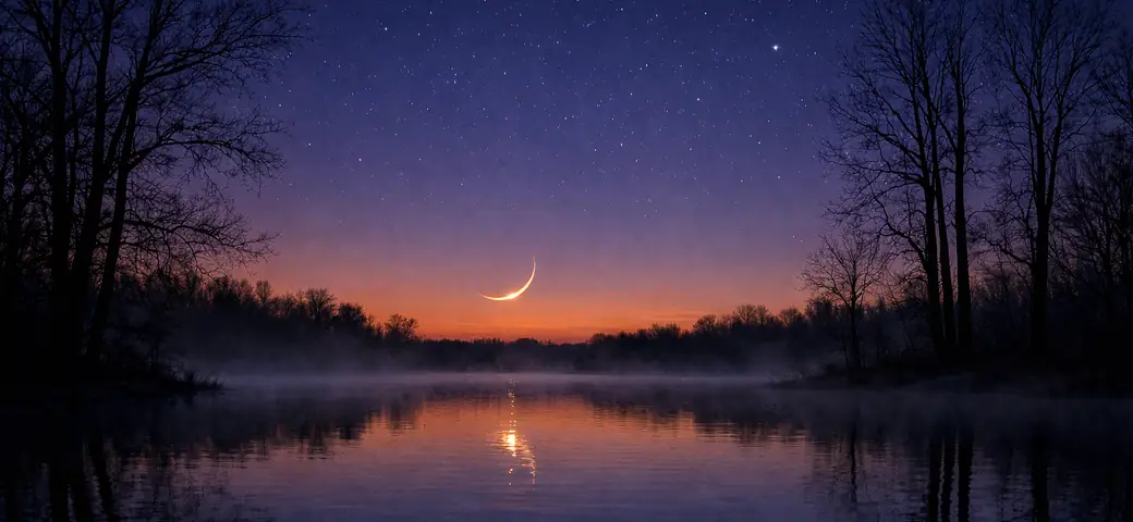 Sottile falce di Luna sopra un lago nebbioso, subito dopo il tramonto, in un cielo viola d'autunno