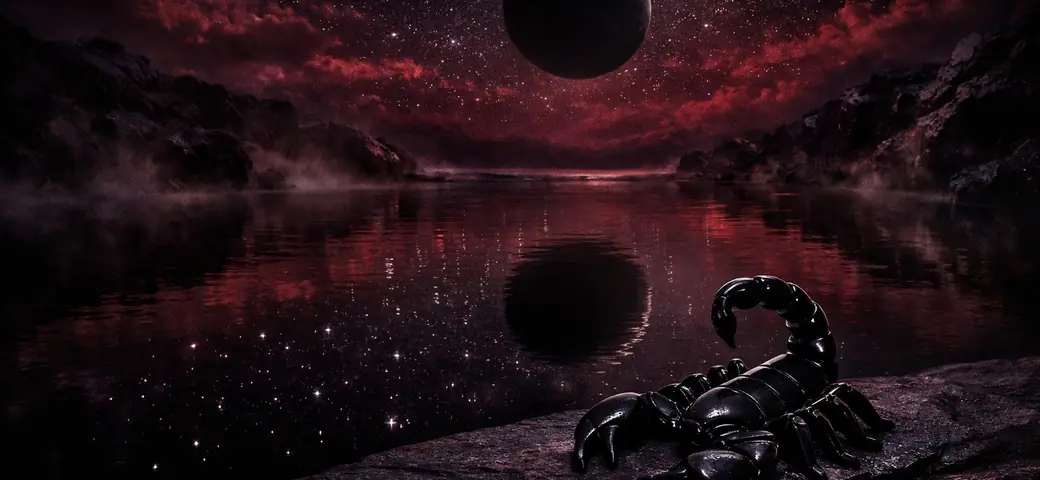 Lago scuro sotto un cielo stellato porpora, disco di Luna nera e uno scorpione di ossidiana in riva all'acqua