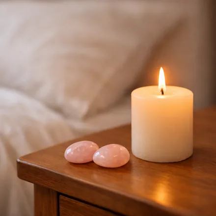 Comodino con due quarzi rosa e una candela accanto a un letto dalle lenzuola bianche - dormire in coppia