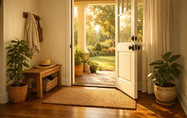 Un ingresso di casa sgombro, con la porta aperta su un giardino, una panca, uno zerbino e piante in vaso nella luce dorata