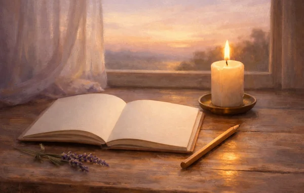 Un cuaderno abierto, un lápiz y una vela junto a una ventana al amanecer