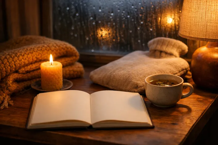 Candle, notebook and herbal tea on a bedside table - evening cozy ritual by zodiac sign