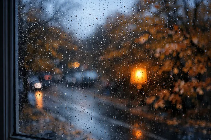 Autumn rain on a window at dusk - cozy ritual to protect your energy